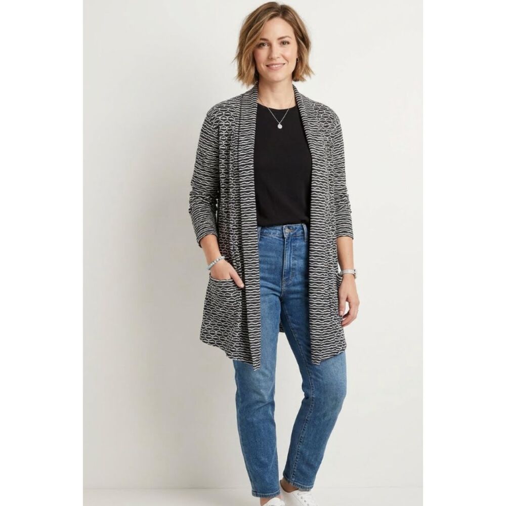 Chico's Geometric Open Front Pocket Cardigan Women's Size Large (Chico's Size 2)